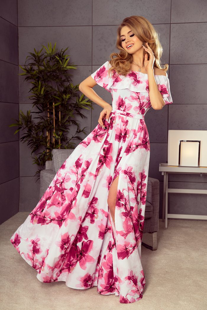 194-2 Długa suknia z hiszpańskim dekoltem - duże różowe kwiaty-1