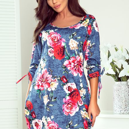 281-2 SOPHIE Wygodna sukienka Oversize - KWIATY NA JEANSIE-1