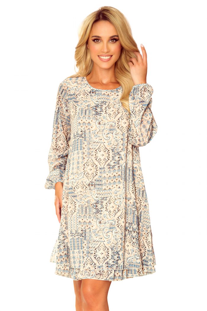 319-2 HANNAH szyfonowa sukienka z dekoltem na plecach - beżowo-niebieski wzór BOHO-9