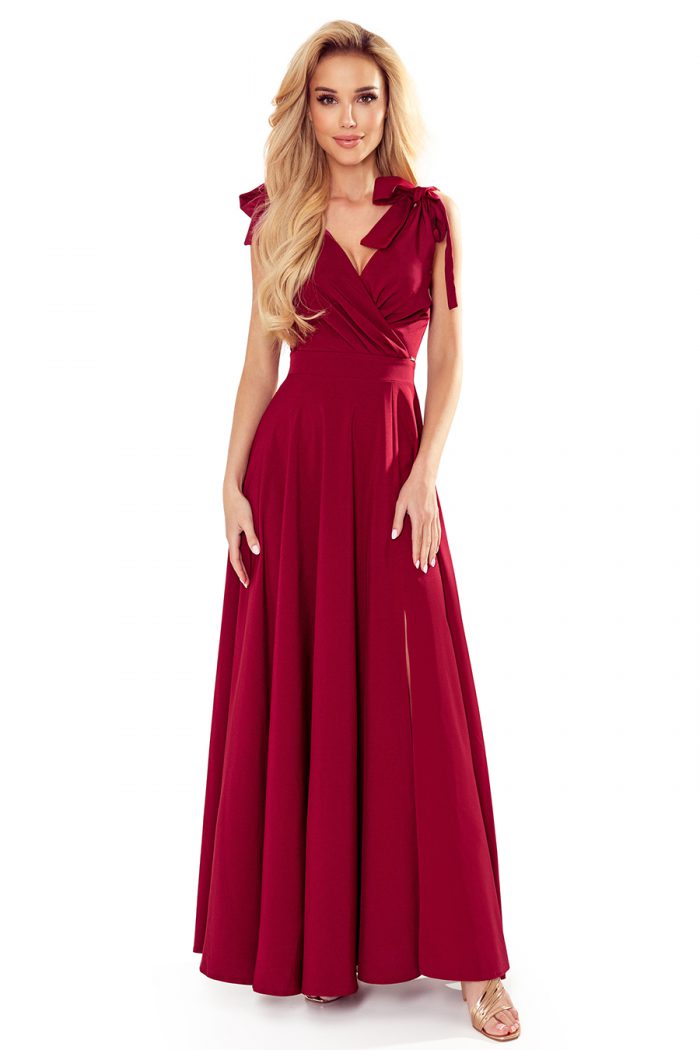 405-1 ELENA Długa suknia z dekoltem i wiązaniami na ramionach - BORDOWA-6