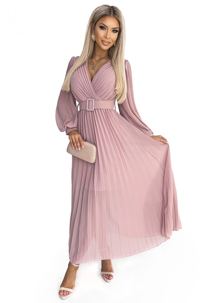 414-2 KLARA plisowana sukienka z paskiem i dekoltem - PUDROWY RÓŻ-7